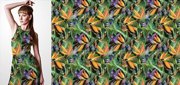 09027 Materiał ze wzorem duże malowane kwiaty (strelicja), egzotyczne liście i motyle w stylu akwareli